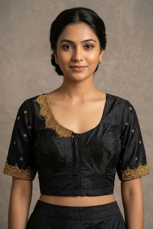 Black Maggam Work Bridal Blouse - Fancy Tassels — front pose