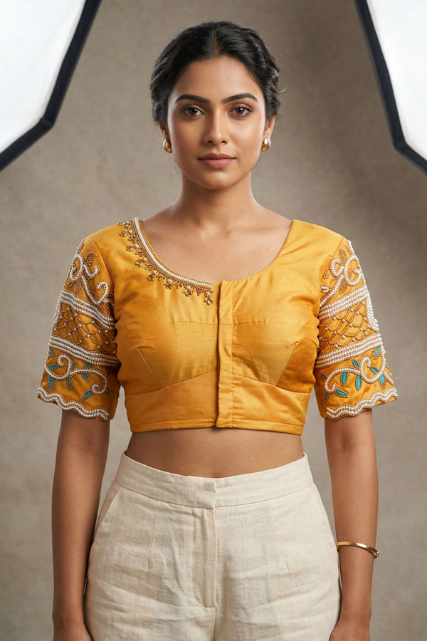 Yellow Heavy Aari Bridal Blouse - Pearl & Tassels — front pose