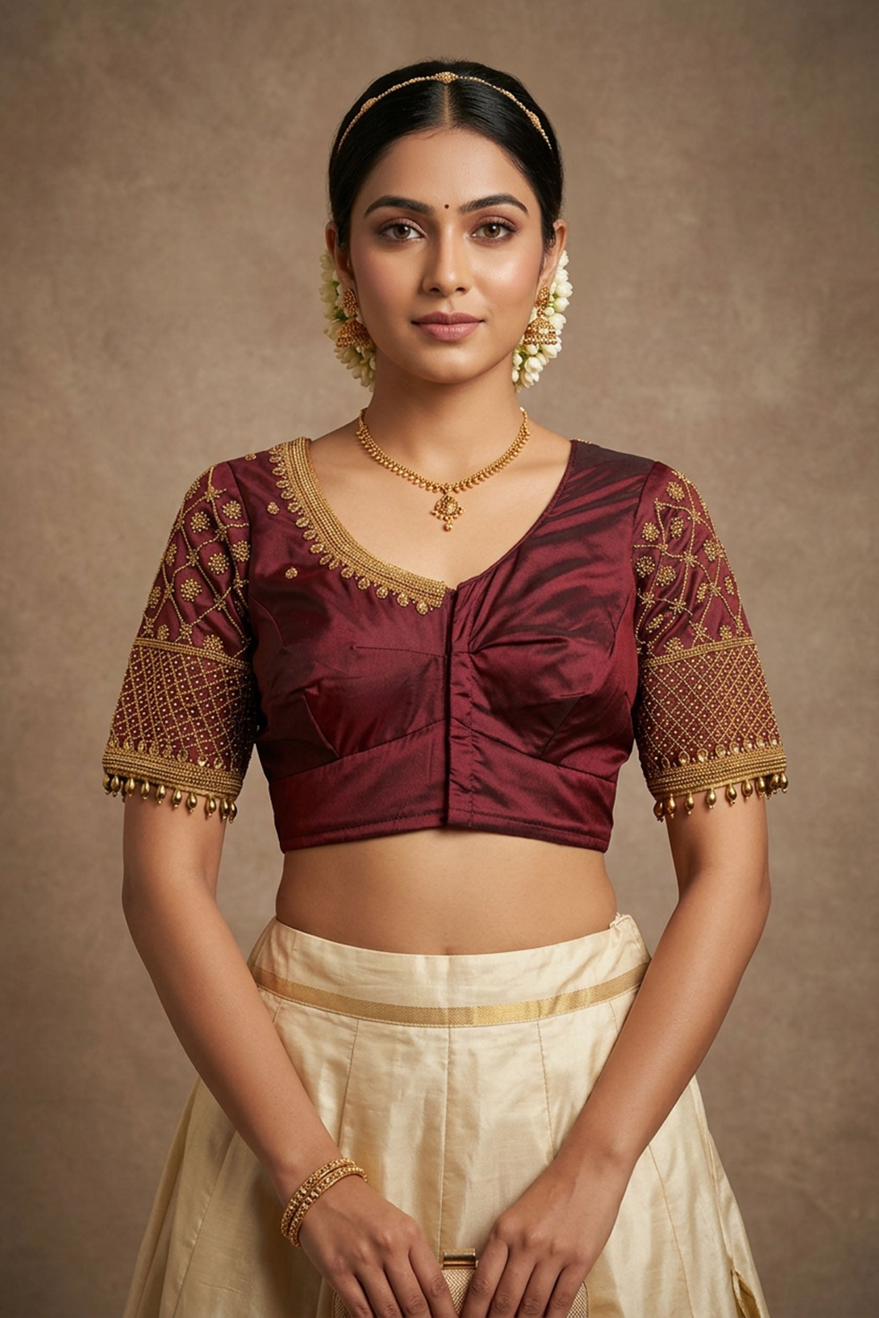 Brown Aari Work Bridal Blouse - Fancy Tassels — front pose