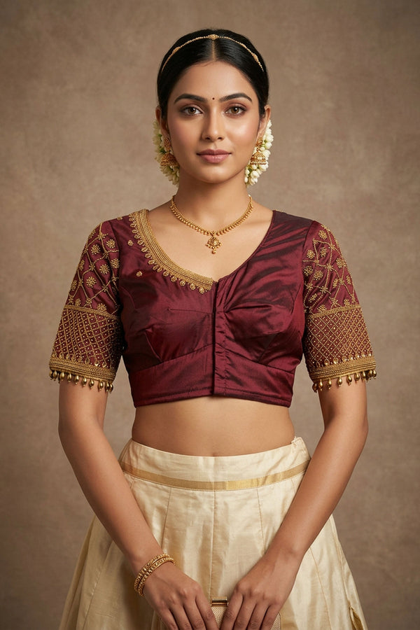Brown Aari Work Bridal Blouse - Fancy Tassels — front pose
