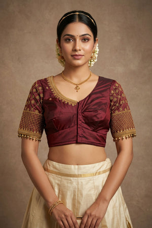 Brown Aari Work Bridal Blouse - Fancy Tassels