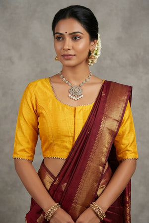 Yellow Raw Silk Padded Blouse - Elbow Sleeve, Back Knot