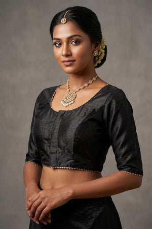 Black Raw Silk Padded Blouse - Elbow Sleeve, Back Knot