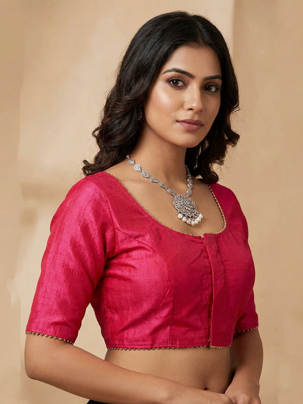 Pink Raw Silk Padded Blouse - Elbow Sleeve, Back Knot — front pose