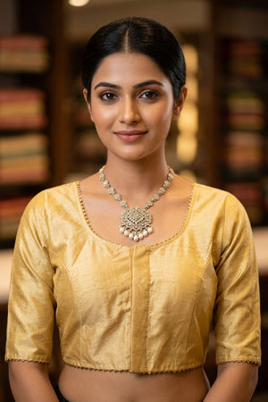 Gold Raw Silk Padded Blouse - Elbow Sleeve, Back Knot
