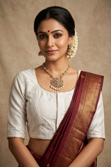 White Raw Silk Padded Blouse - Elbow Sleeve, Back Knot — front pose