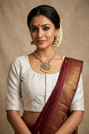 White Raw Silk Padded Blouse - Elbow Sleeve, Back Knot