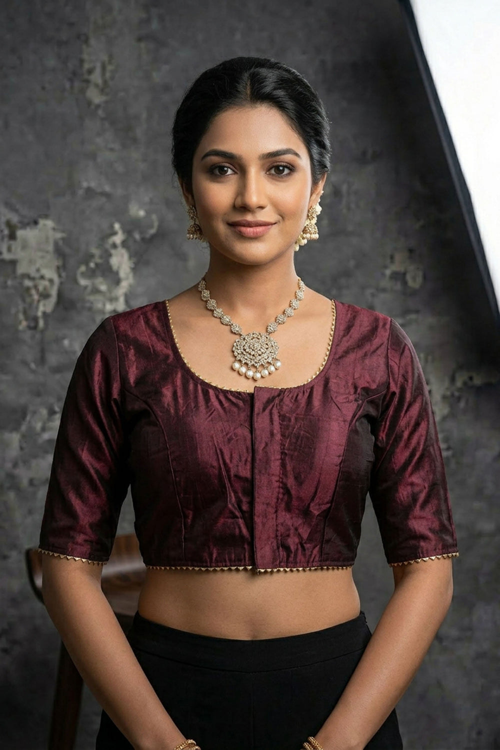 Purple Raw Silk Padded Blouse - Elbow Sleeve, Back Knot — front pose