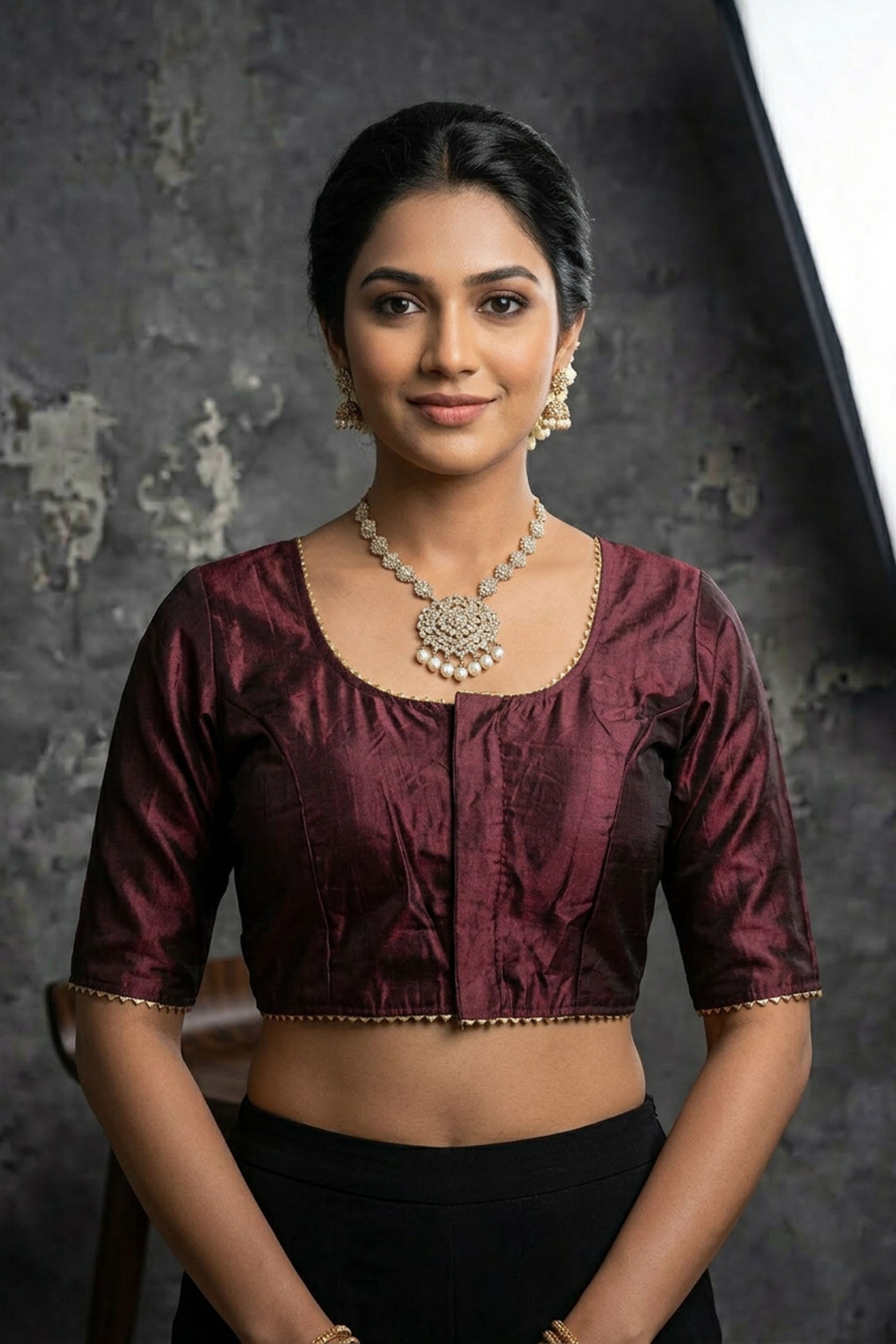 Purple Raw Silk Padded Blouse - Elbow Sleeve, Back Knot — front pose