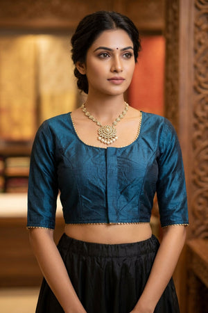 Navy Raw Silk Padded Blouse - Elbow Sleeve, Back Knot