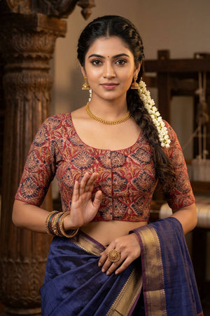 Red Kalamkari Cotton Padded Blouse - Traditional