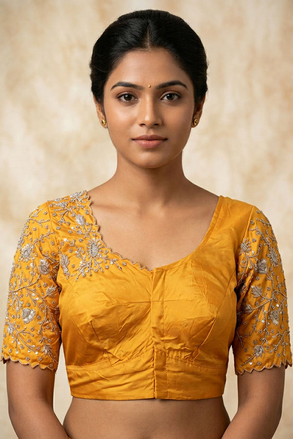 Yellow Aari Work Silk Blouse - With Latkan — front pose