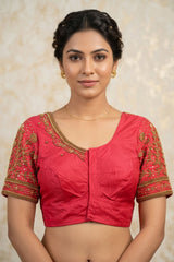 Red Aari Work Silk Blouse - With Latkan — front pose