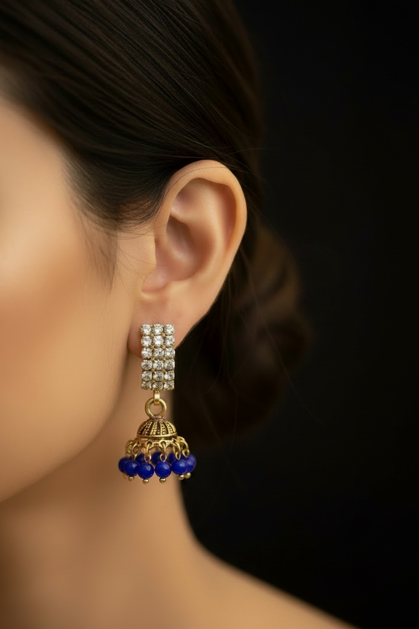 Maroon Gold Look Crystal Stud Jhumka Earrings