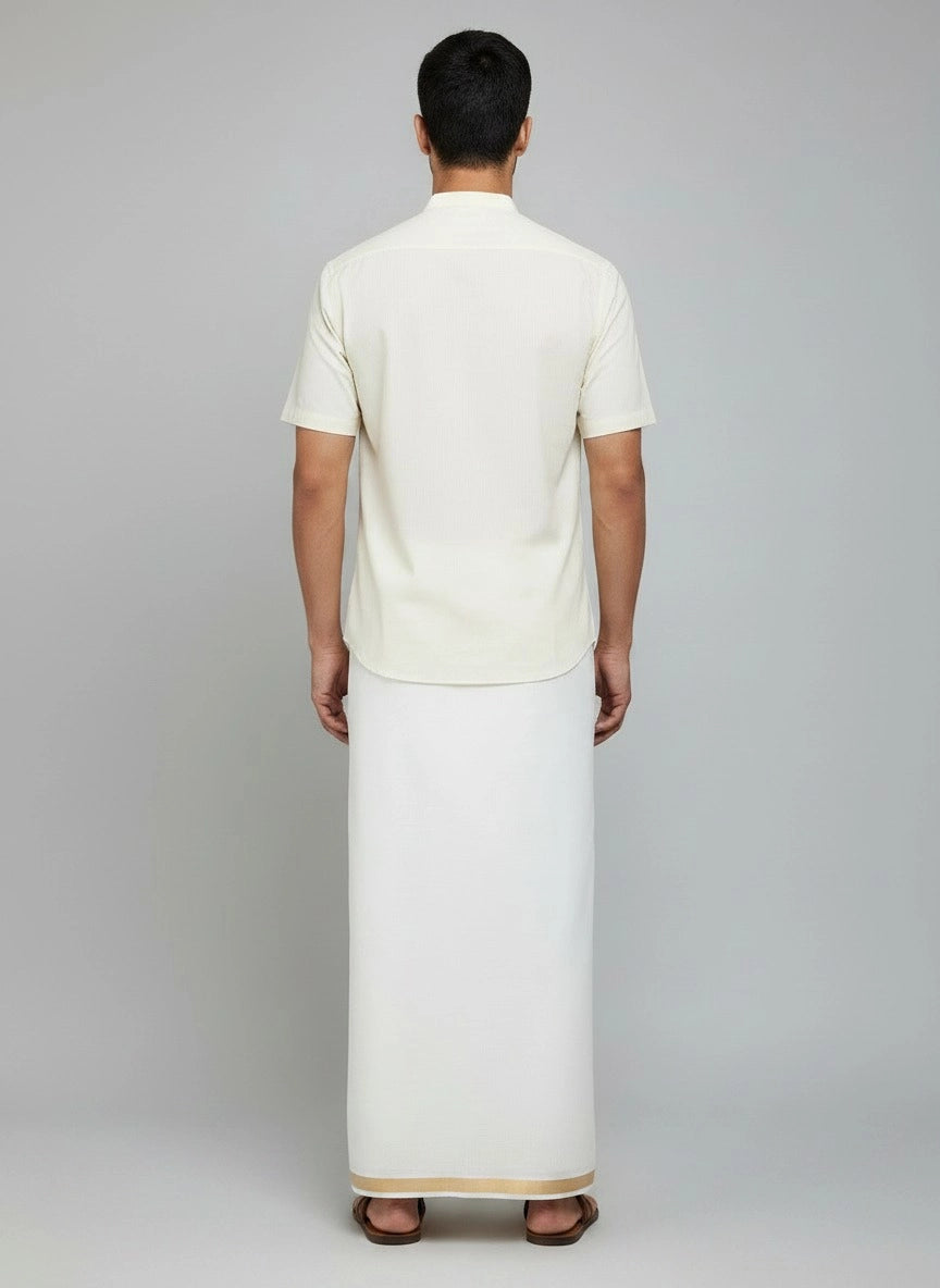 Men’s White Cotton Dhoti with Pocket and Elastic Velcro Waist, Gold Zari Border