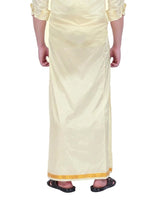 Men’s Cream Art Silk Dhoti with Elastic Velcro Waist and Pocket, Woven Gold Zari Border