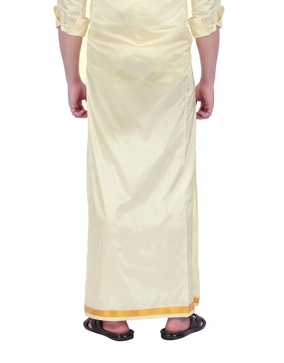 Men’s Cream Art Silk Dhoti with Elastic Velcro Waist and Pocket, Woven Gold Zari Border