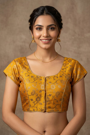 Yellow Brocade Blouse - Designer Fully Stitched
