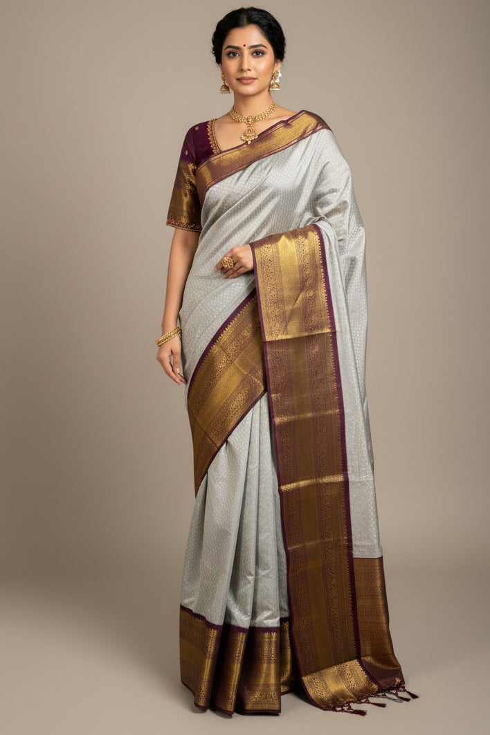 Semi-Silk Saree with Korvai pattern and Maggam Work Blouse