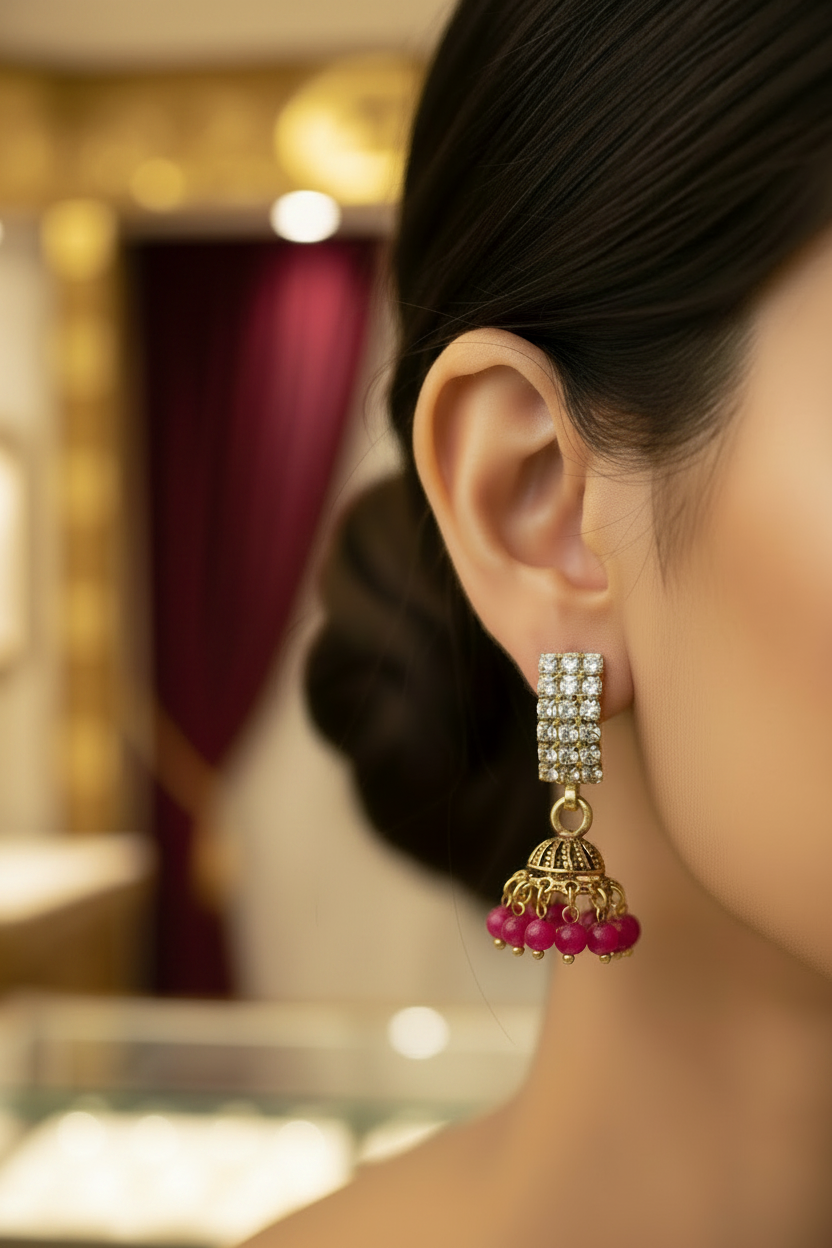 Maroon Gold Look Crystal Stud Jhumka Earrings