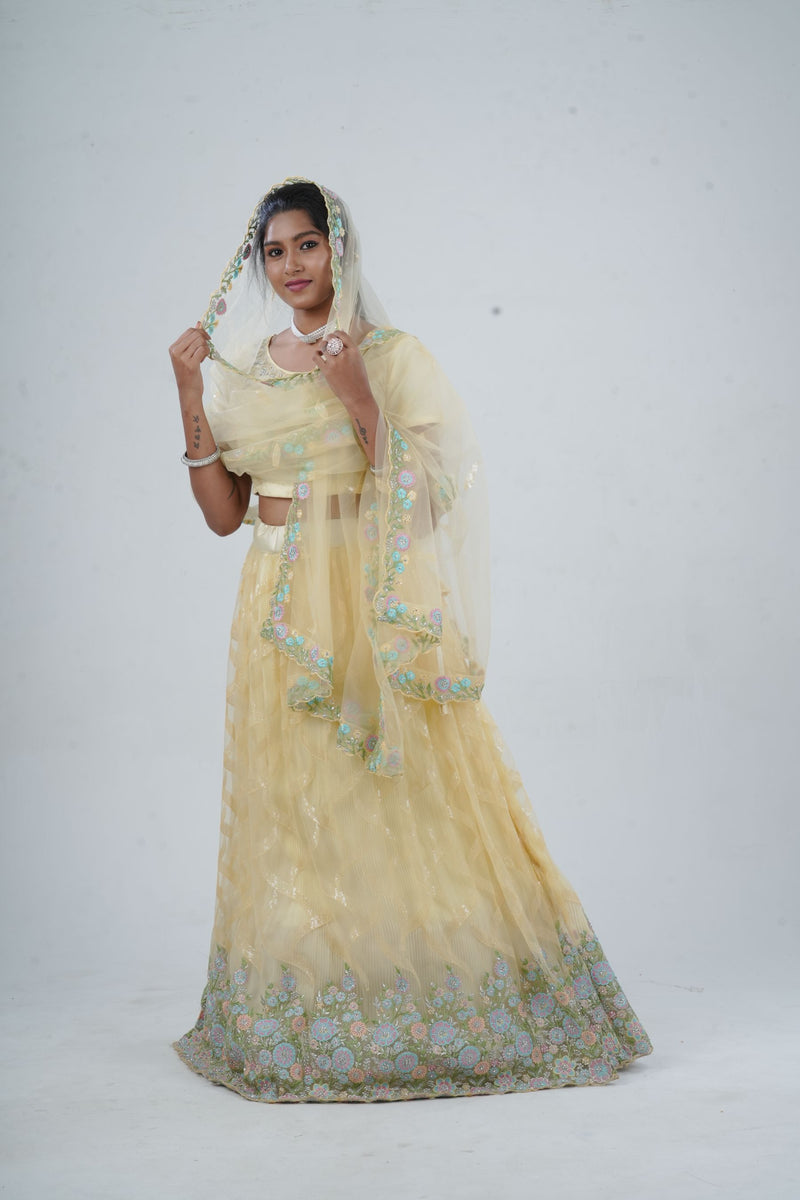 Designer Soft Net Lehenga & Crop Top With Stone and Sequins Work