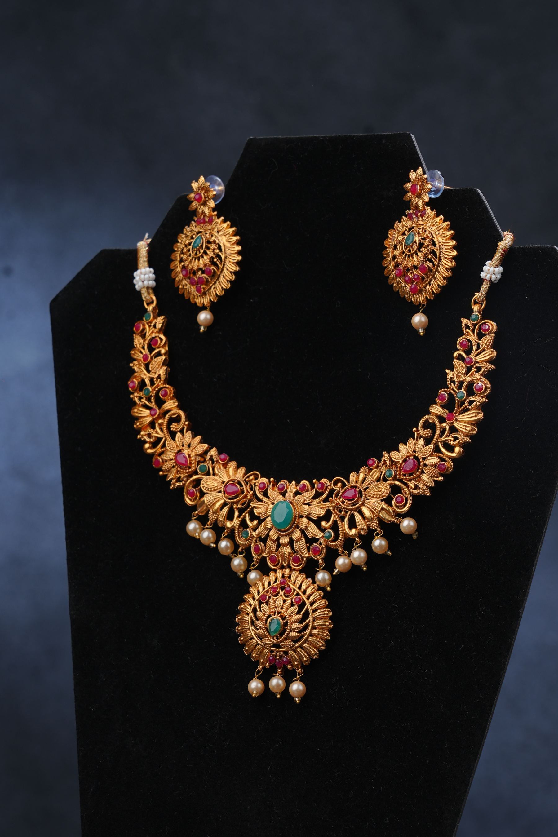 Traditional Matte Finish Neck Set with Pink and Green Stones Jewelry JCS Fashions Green and Pink Free Size