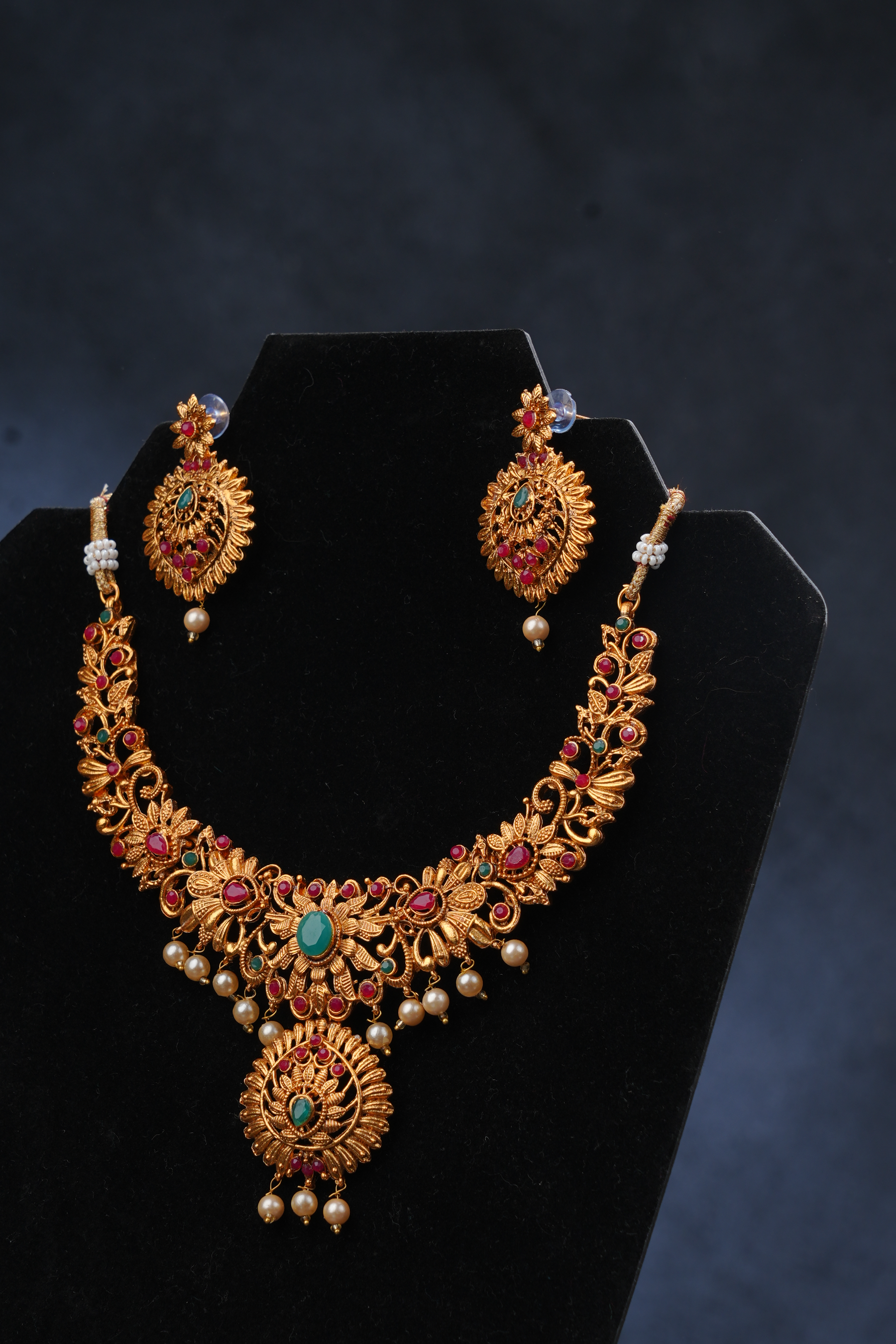 Traditional Matte Finish Neck Set with Pink and Green Stones Jewelry JCS Fashions
