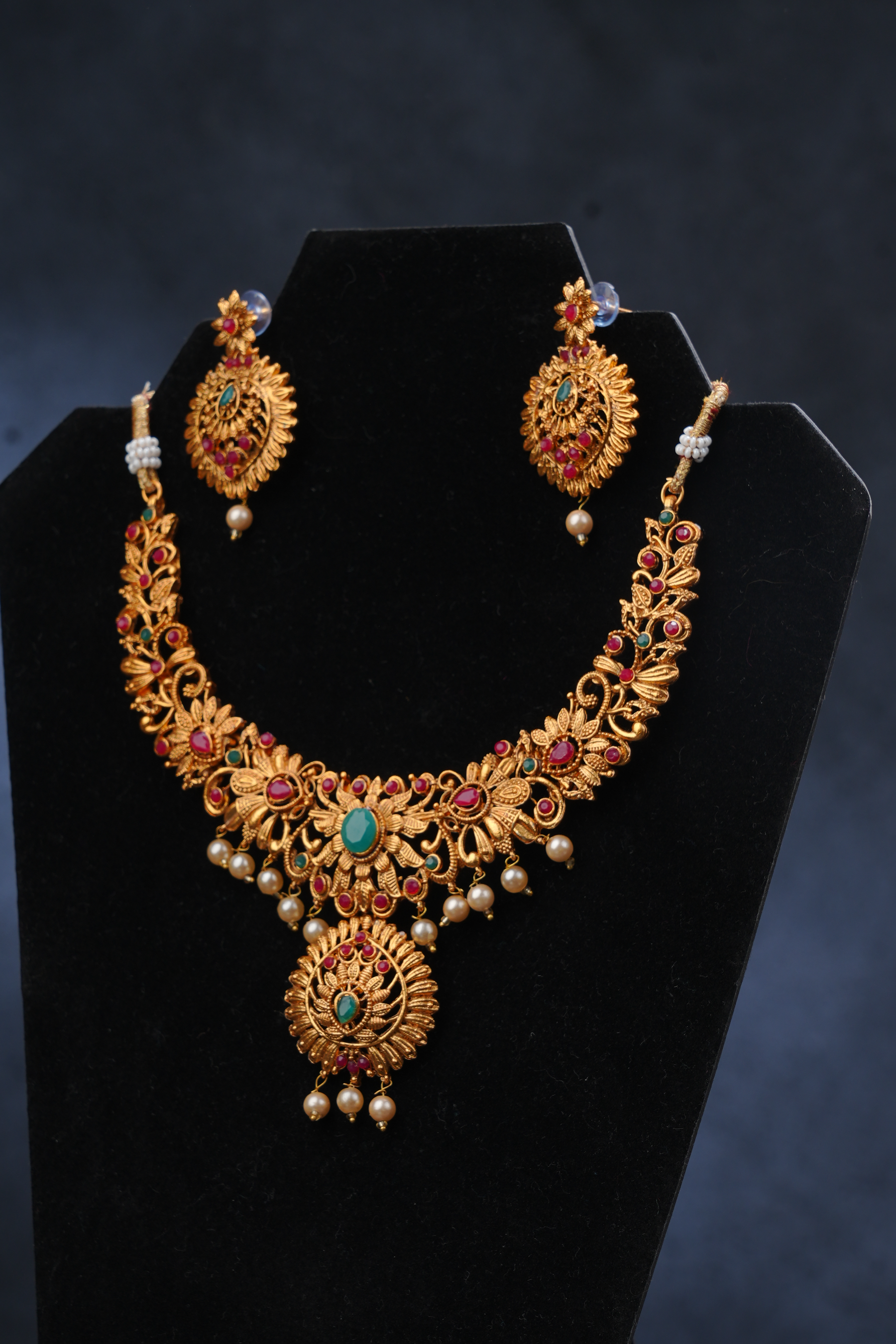 Traditional Matte Finish Neck Set with Pink and Green Stones Jewelry JCS Fashions