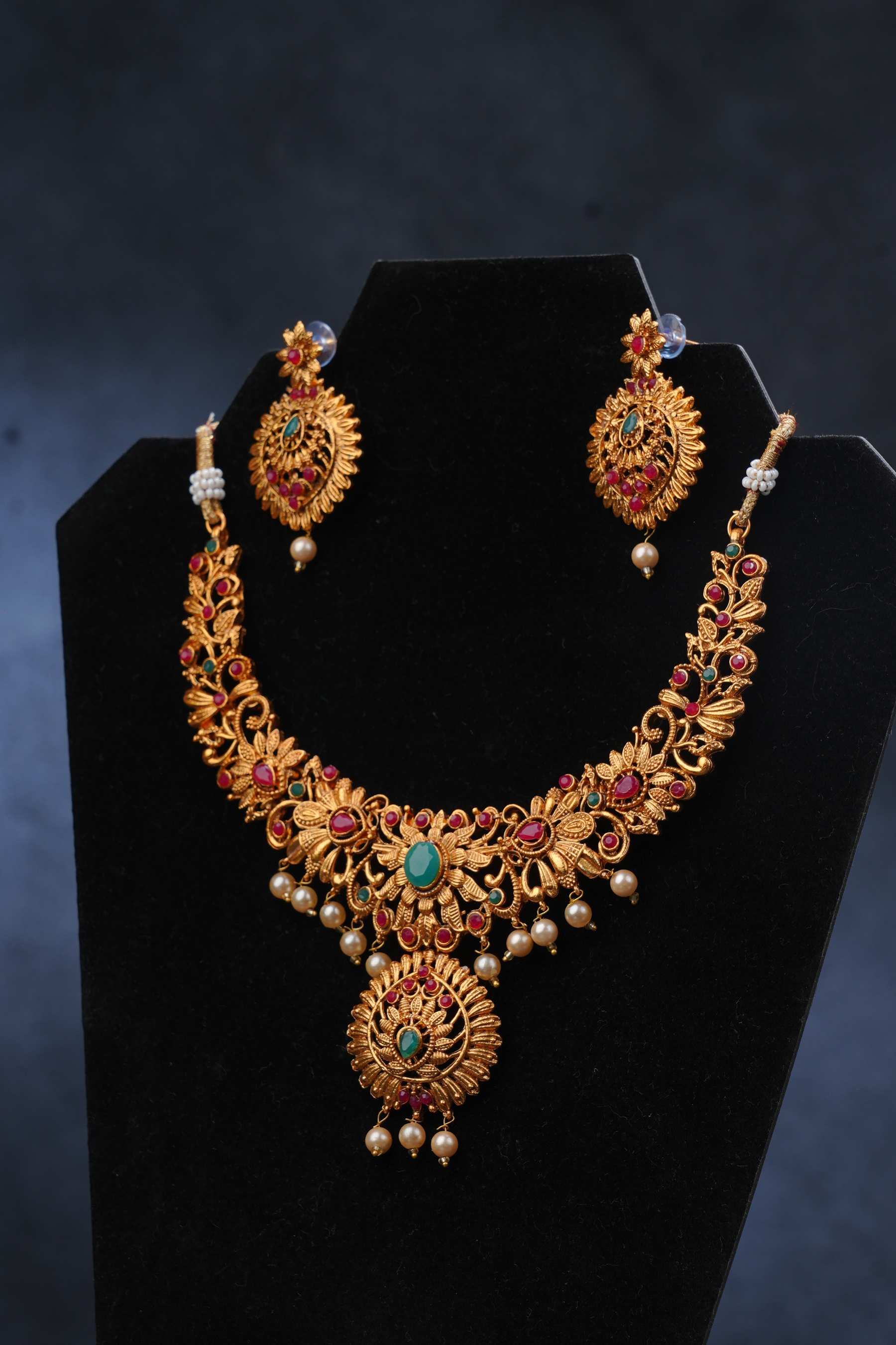 Traditional Matte Finish Neck Set with Pink and Green Stones Jewelry JCS Fashions