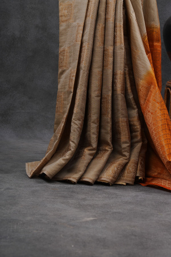 Beige Color Chanderi Silk Saree With Contrast Orange Color Blouse