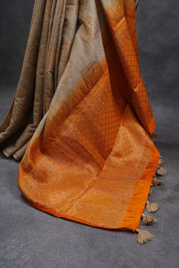 Beige Color Chanderi Silk Saree With Contrast Orange Color Blouse