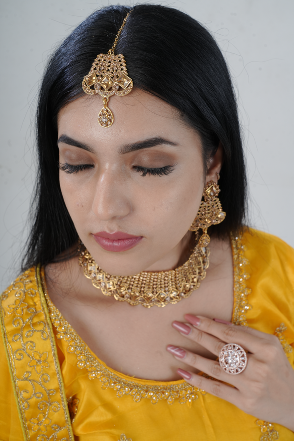 Gold-plated Neck Set with Tikka & Earrings - Radiant Glamour