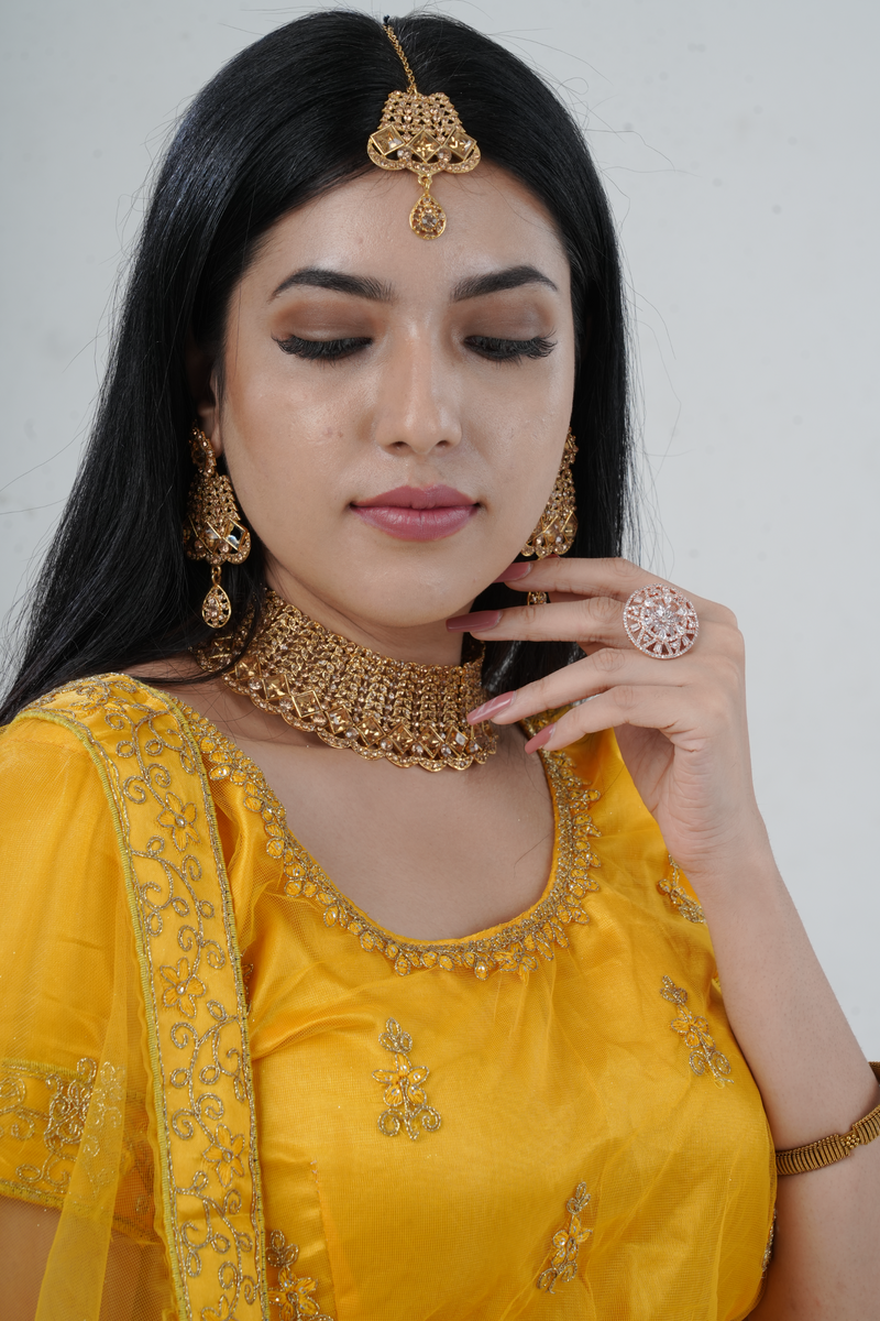 Gold-plated Neck Set with Tikka & Earrings - Radiant Glamour
