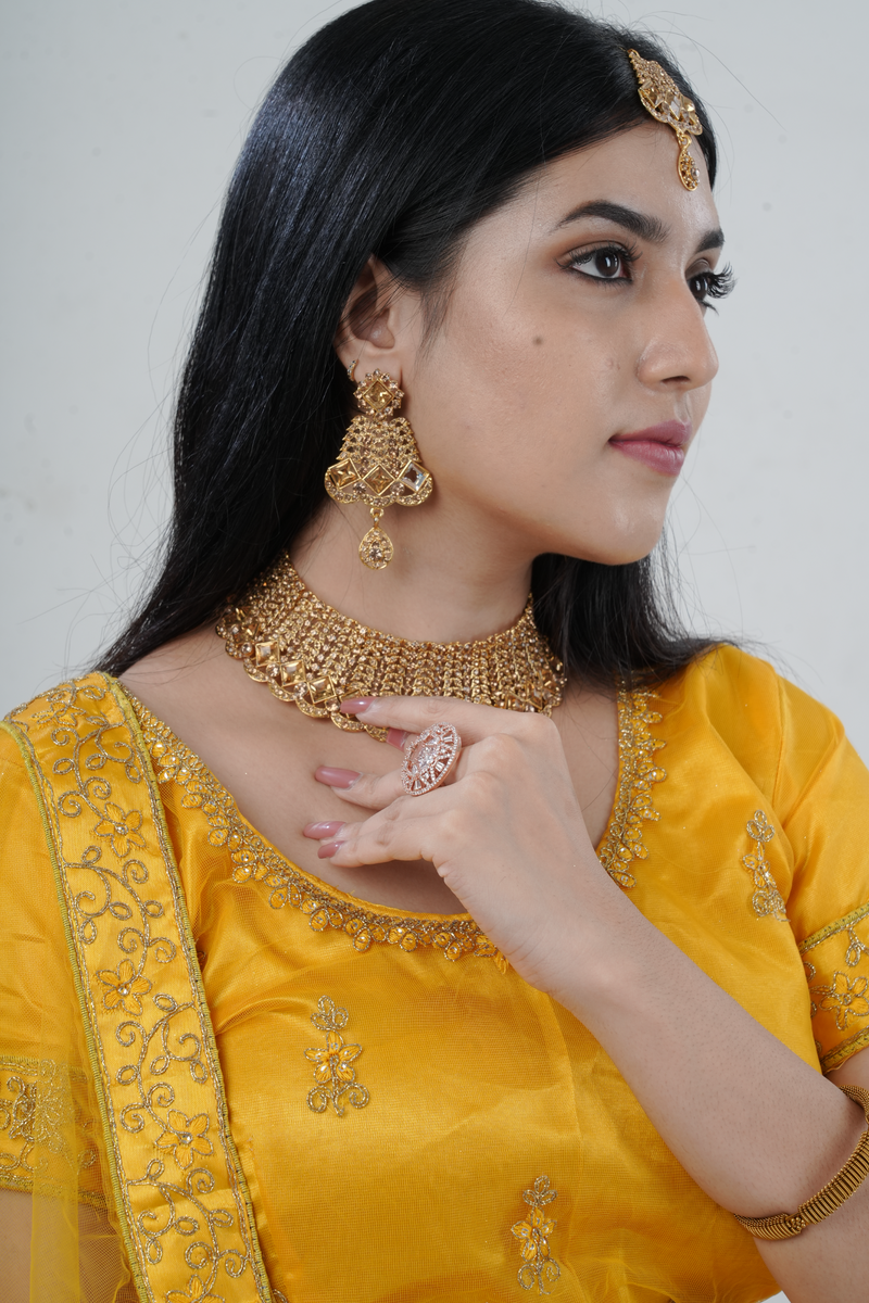 Gold-plated Neck Set with Tikka & Earrings - Radiant Glamour