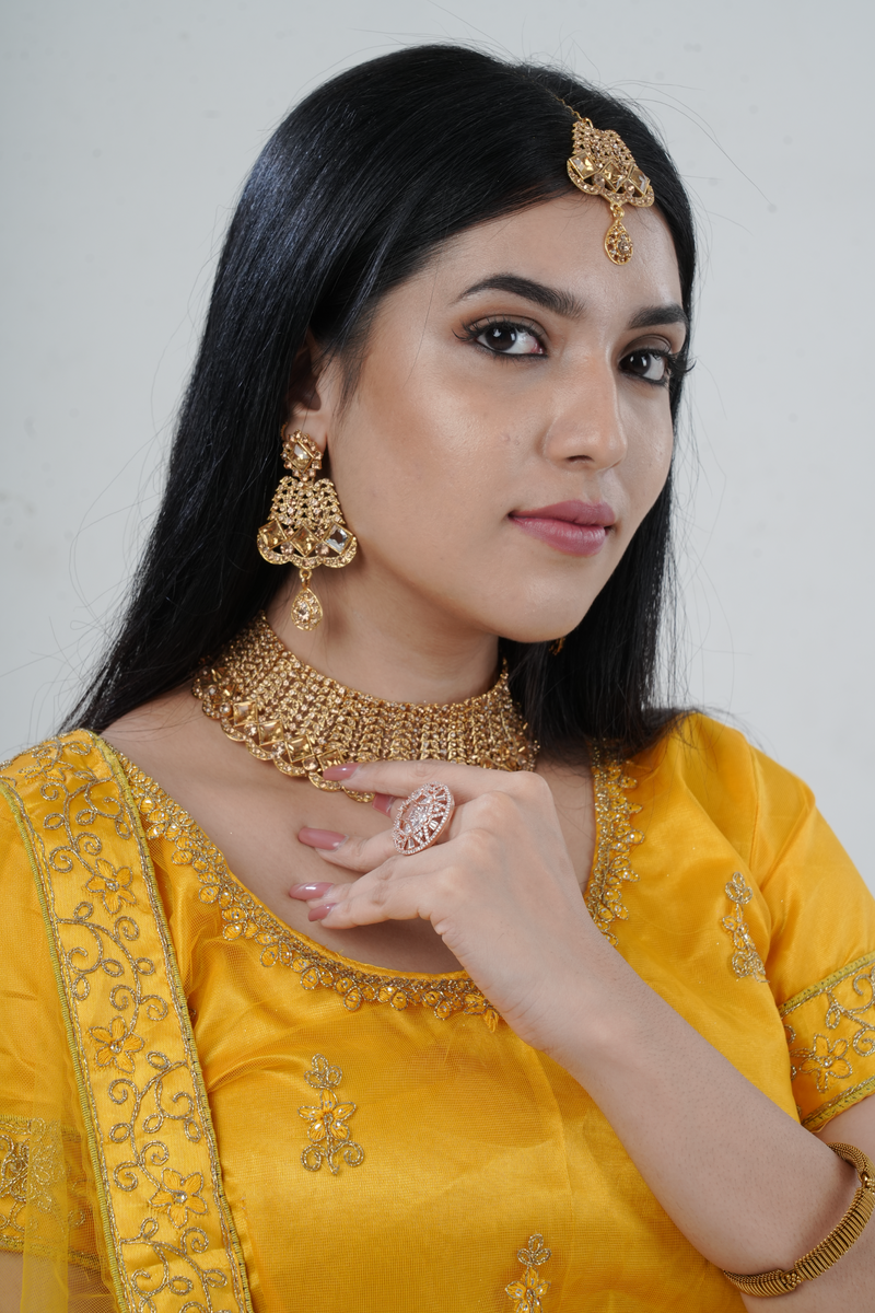 Gold-plated Neck Set with Tikka & Earrings - Radiant Glamour