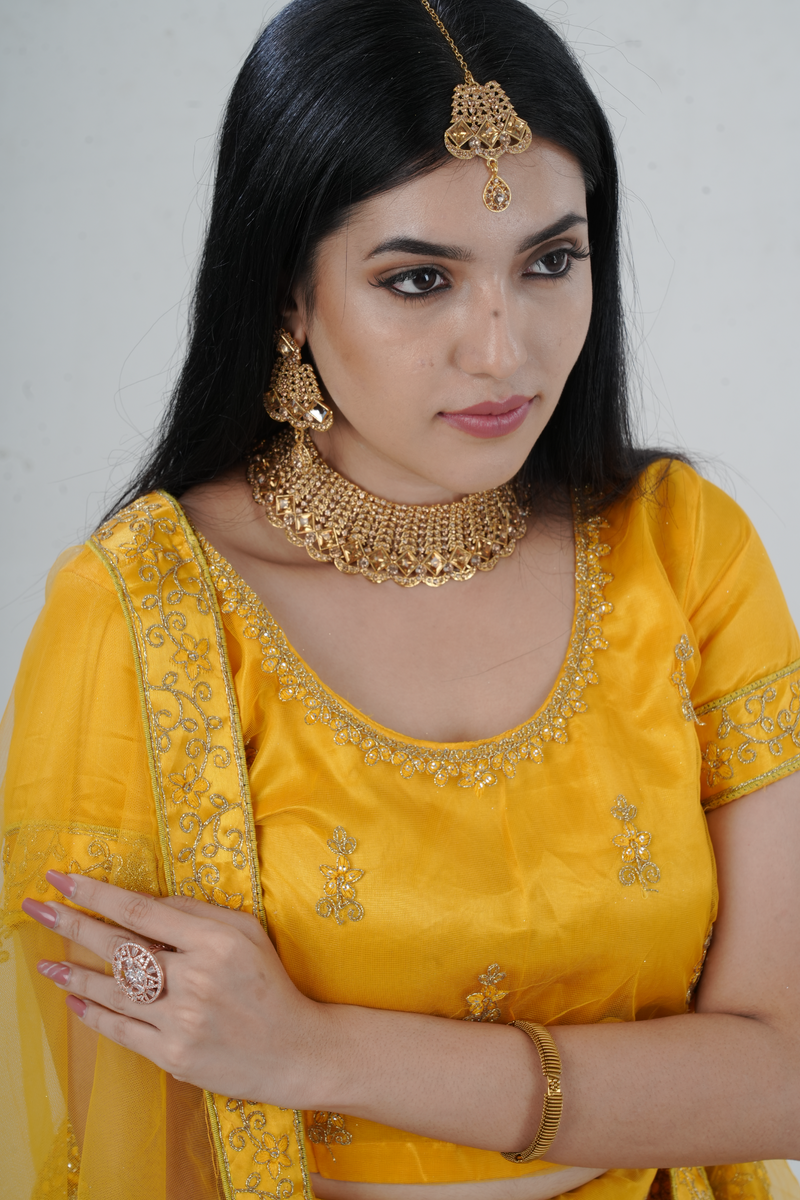 Gold-plated Neck Set with Tikka & Earrings - Radiant Glamour