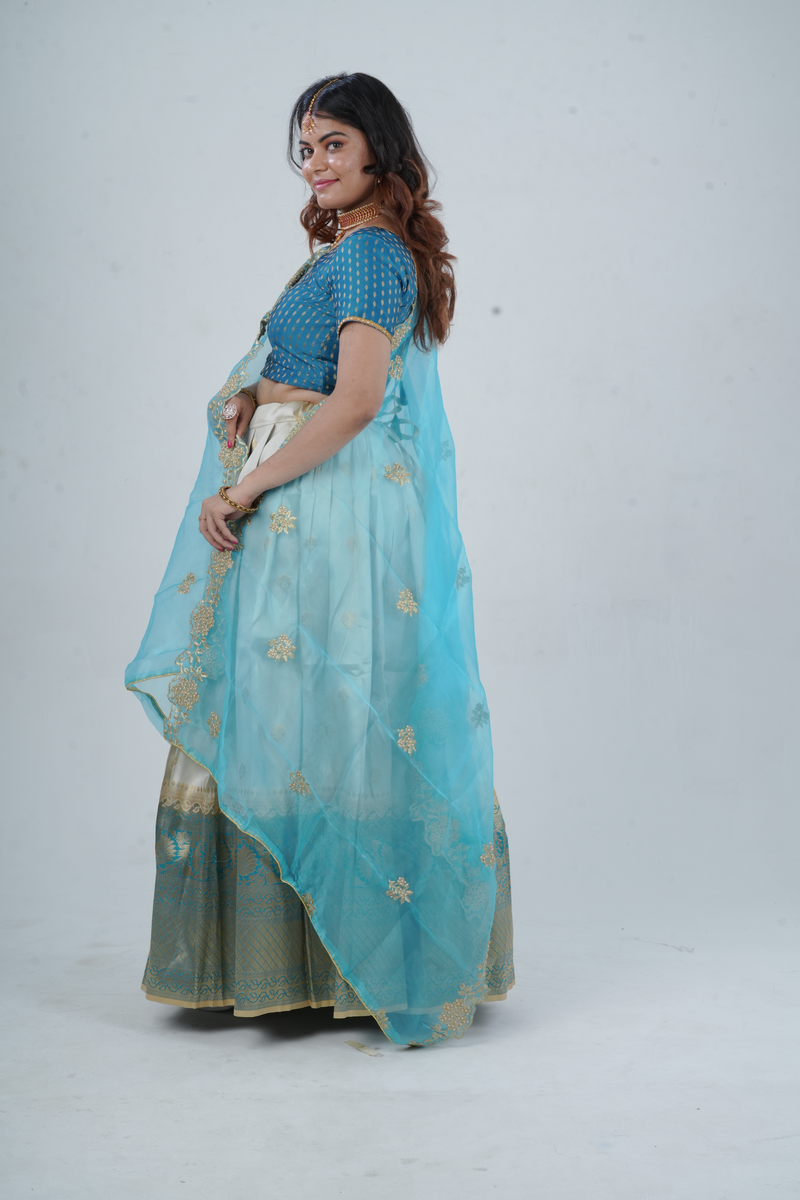 Luxurious Kanchipuram Silk Lehenga with Gleaming Zari Border