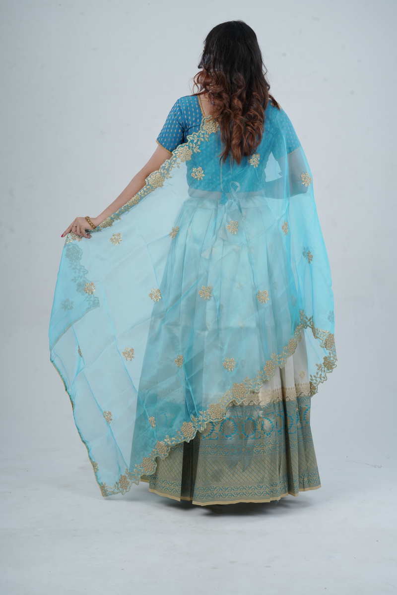 Luxurious Kanchipuram Silk Lehenga with Gleaming Zari Border