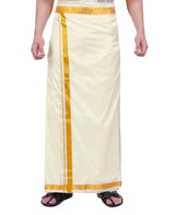 Men’s Cream Art Silk Dhoti with Elastic Velcro Waist and Pocket, Woven Gold Zari Border