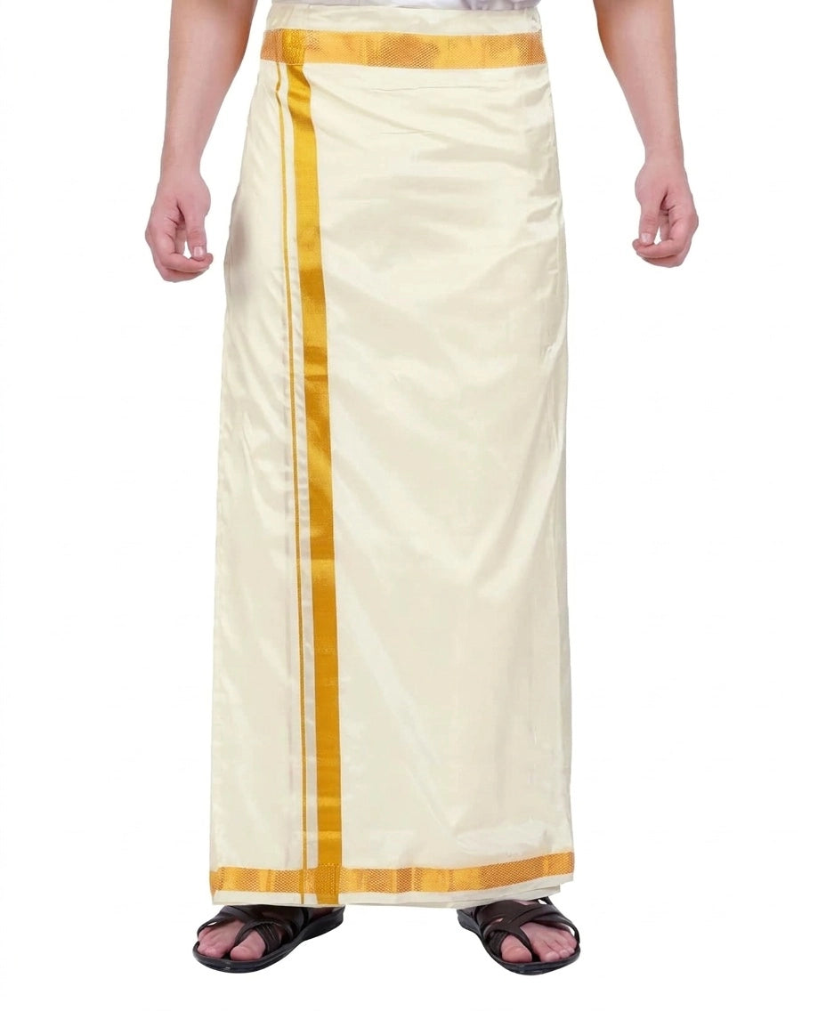 Men’s Cream Art Silk Dhoti with Elastic Velcro Waist and Pocket, Woven Gold Zari Border