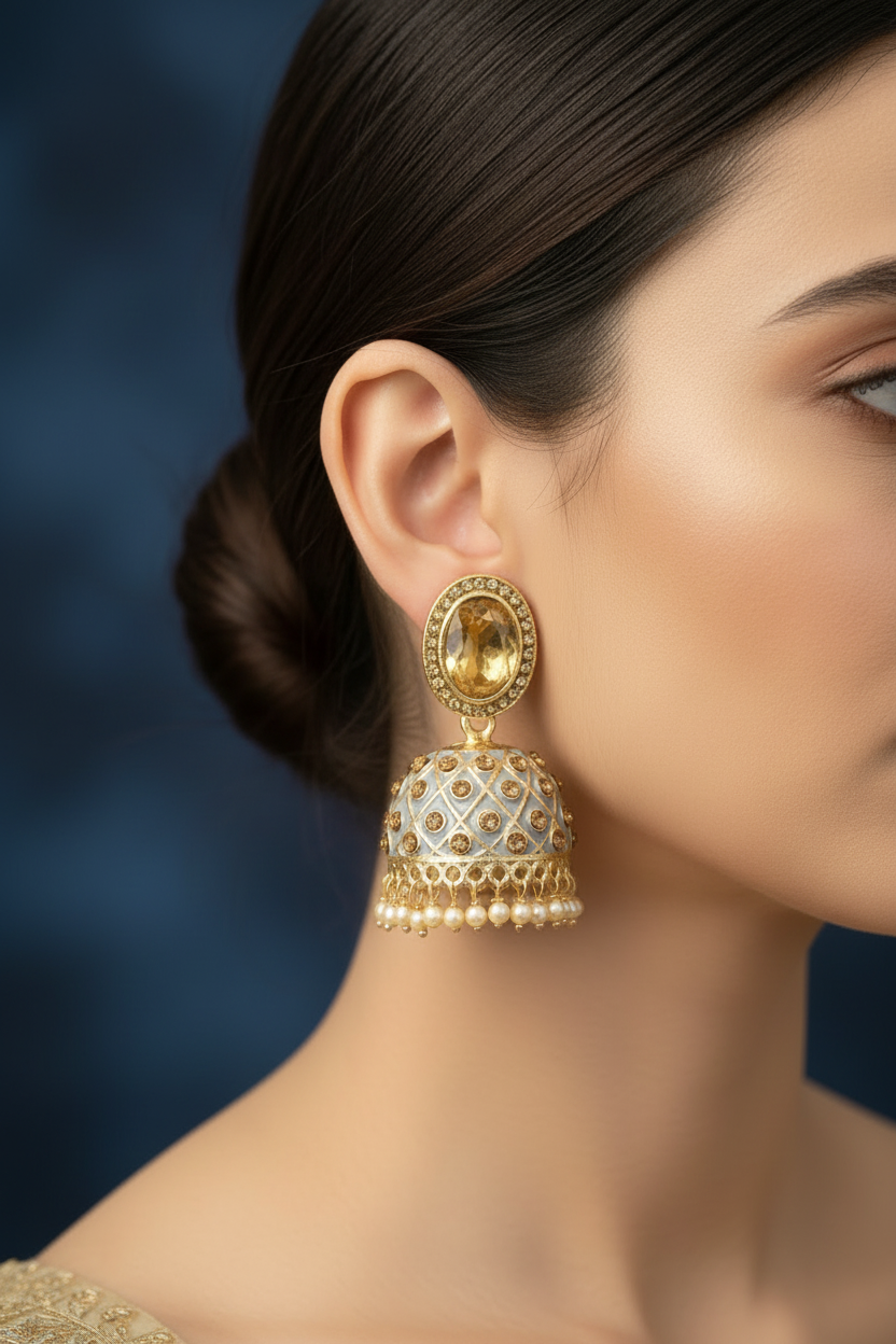 Peach Kundan Jhumka Earrings With stones. Multiple
