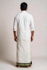 Men White Cotton Double Dhoti 4 Mtr Off-White with Green & Gold Temple Border for Weddings and Festive Traditions - Off-White / Green