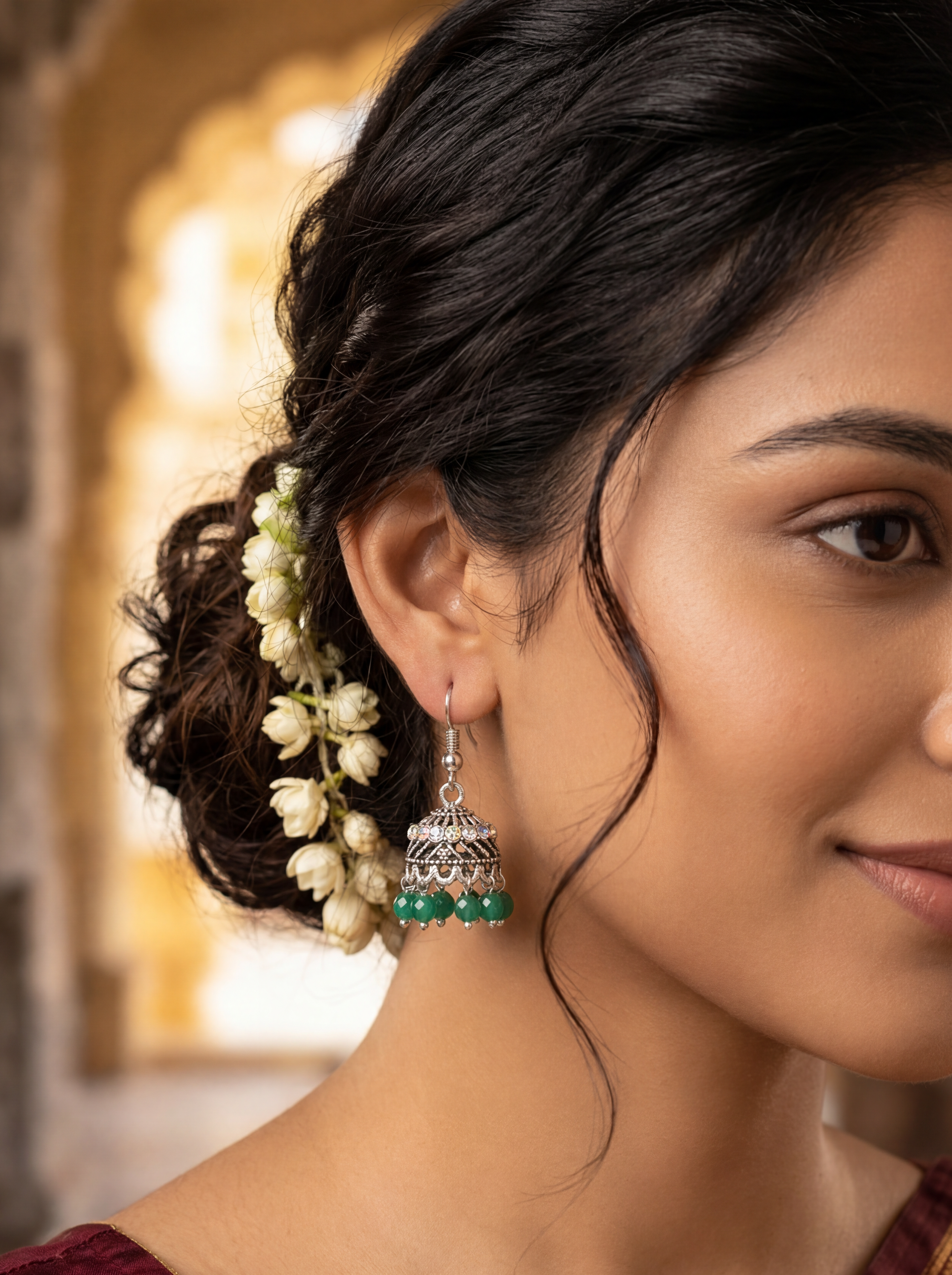 Oxidized Silver Jhumka Earrings with Beaded Drops