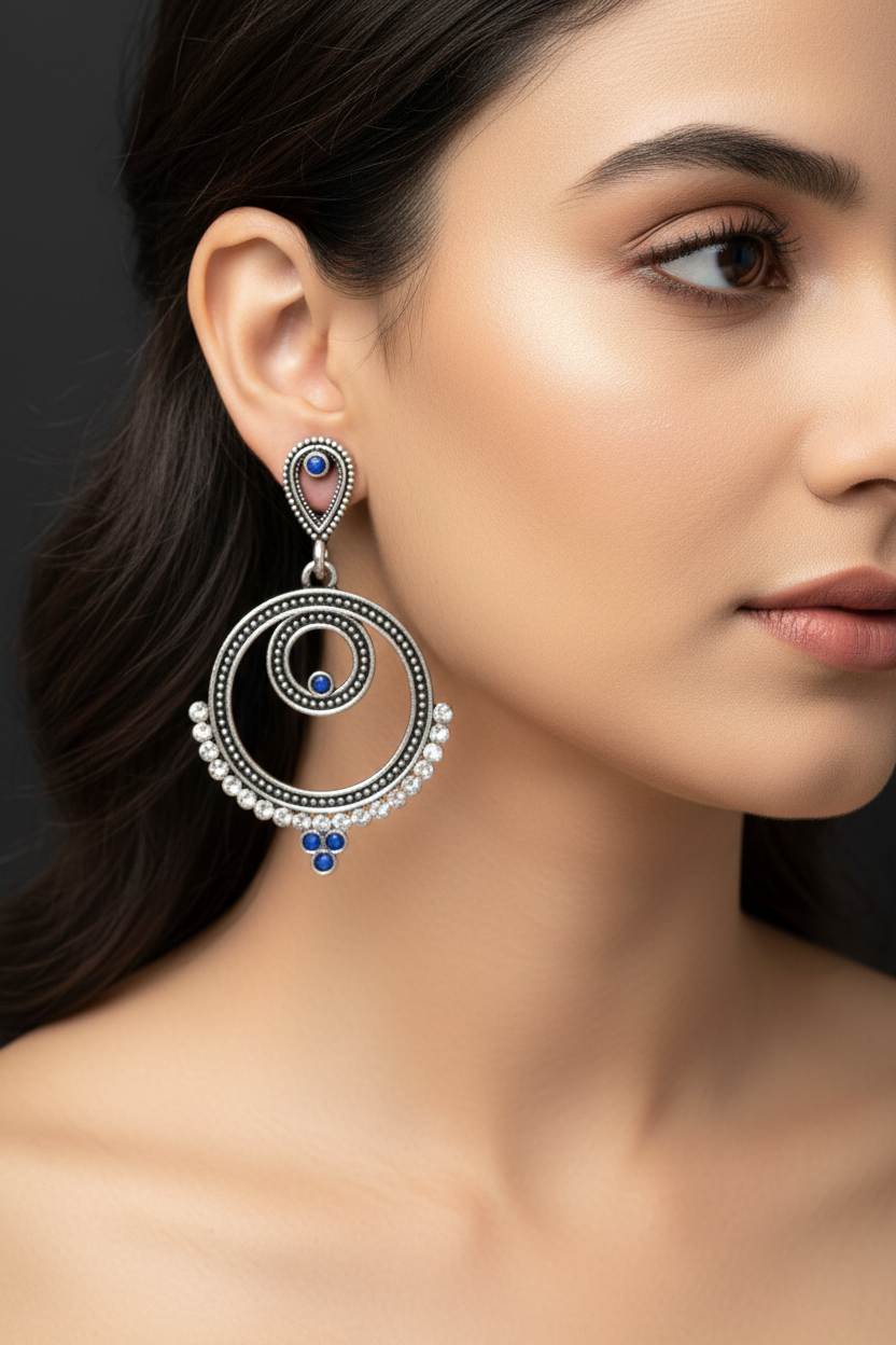Oxidized Silver Spiral Drop Earrings with Coloured Stone Beads — 2 inch Traditional Indian Fashion Jewellery