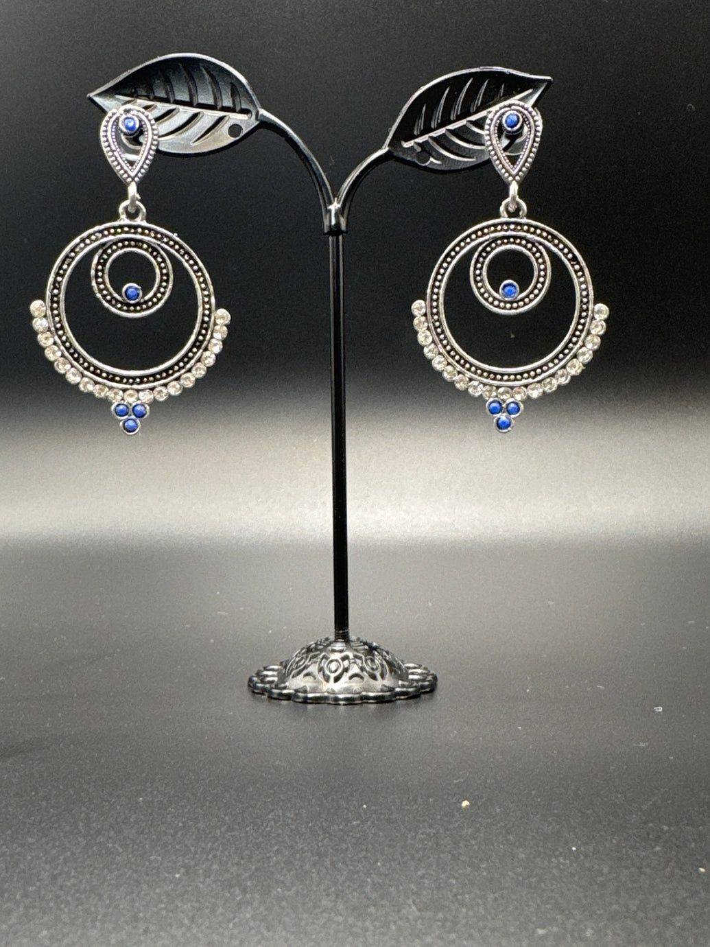 Oxidized Silver Spiral Drop Earrings with Coloured Stone Beads — 2 inch Traditional Indian Fashion Jewellery - Blue