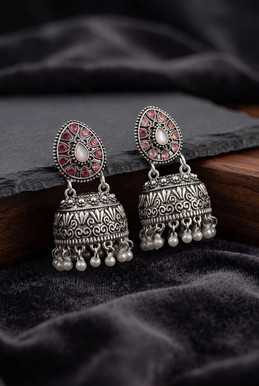 Oxidized Silver Tone Jhumka Earrings with Oval Stud Top & Filigree Teardrop Motif for Women - Baby Pink
