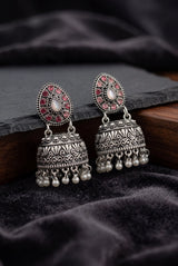 Oxidized Silver Tone Jhumka Earrings with Oval Stud Top & Filigree Teardrop Motif for Women - Baby Pink
