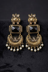 Traditional Antique Gold-Tone Statement Earrings with Pearl Drops and Coloured Stones - Black