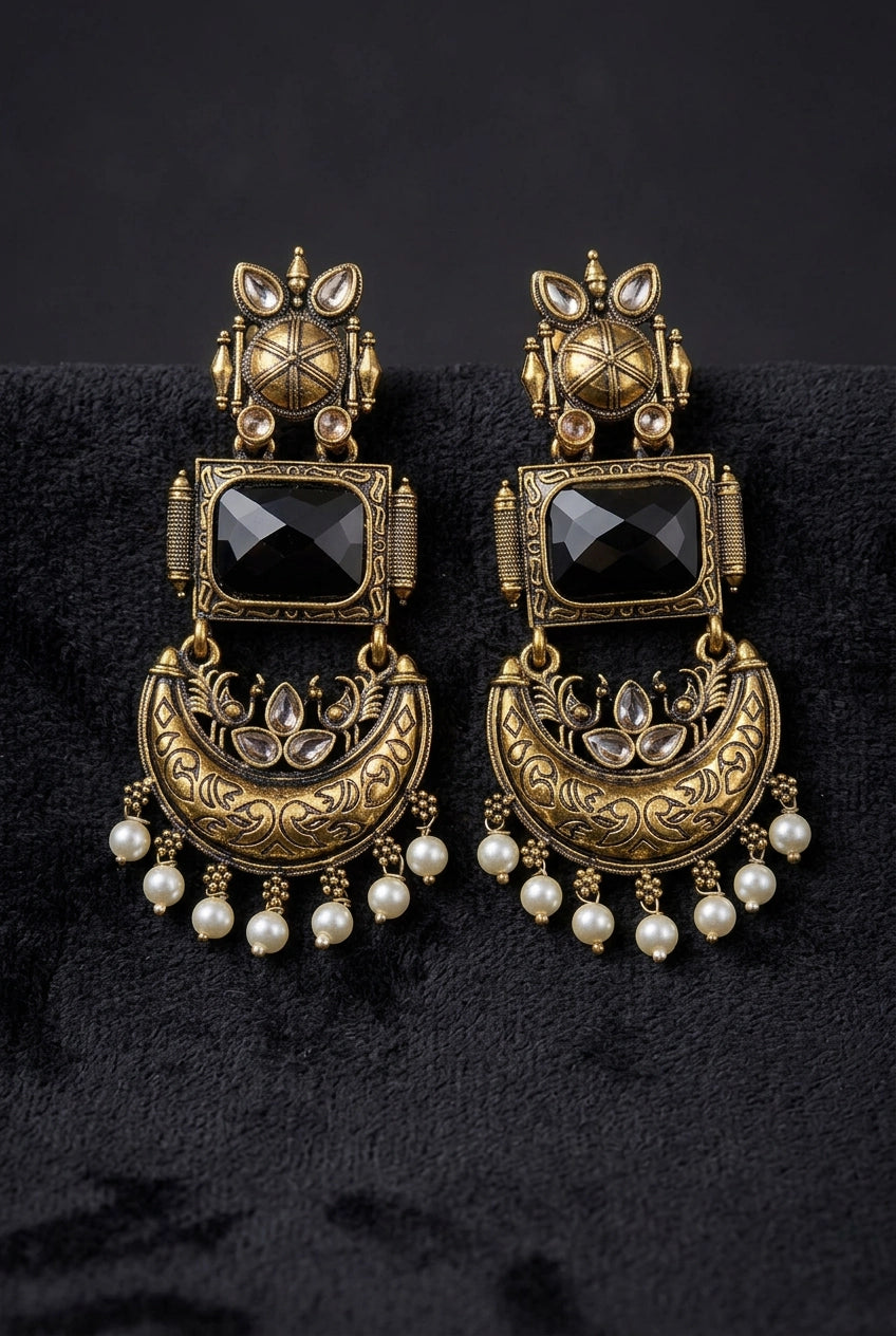 Traditional Antique Gold-Tone Statement Earrings with Pearl Drops and Coloured Stones - Black