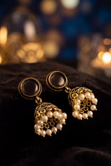 Antique Gold-Tone Jhumka Earrings with White Pearl Drops & Round Stone Stud in Royal/Sea/Pastel Green/Black - Black